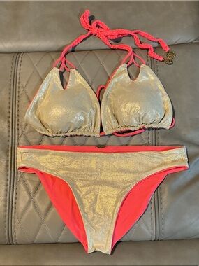 Luli Fama Gold Metallic and Neon Pink Triangle Bikini
